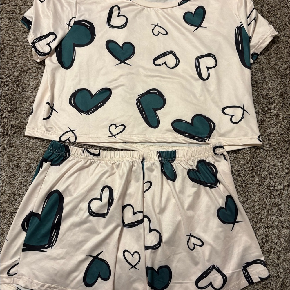 Heart Pattern‎ Pajamas - Teal and White